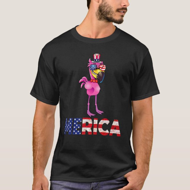 Flamingo Merica American Flagga Funny farbror Sam T Shirt (Framsida)