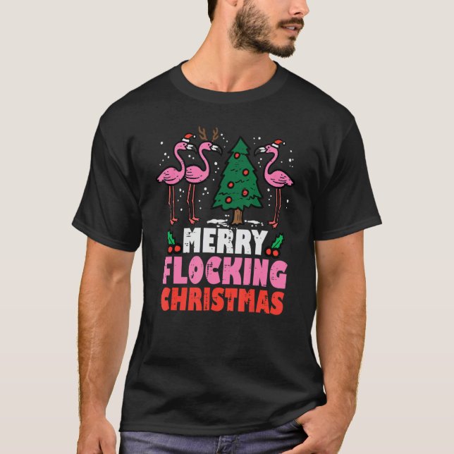 Flamingo Merry Flocking Christmas  Xmas Men Women  T Shirt (Framsida)