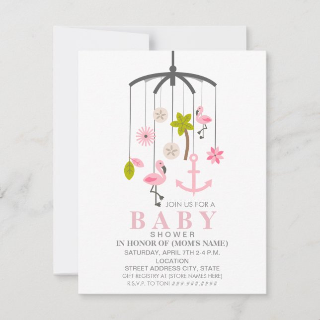 Flamingo Mobile Girl Modern Baby Shower Inbjudningar (Framsida)