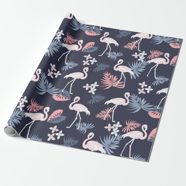 Flamingo, monstera  rosa dammiga blått presentpapper (Utrullad)