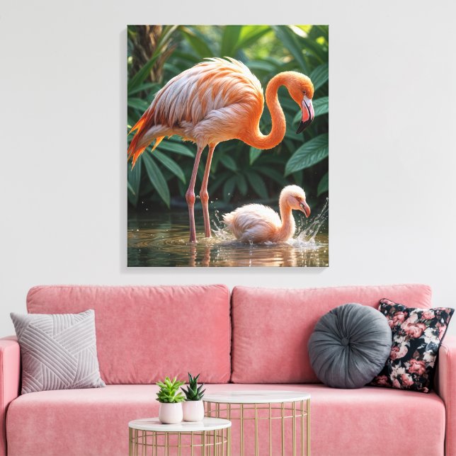 Flamingo Mor med Chick Canvastryck (Insitu (Vardagsrum))