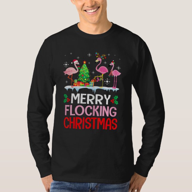 Flamingo Noel Hats Dancing On Snow Merry Flocking  T Shirt (Framsida)