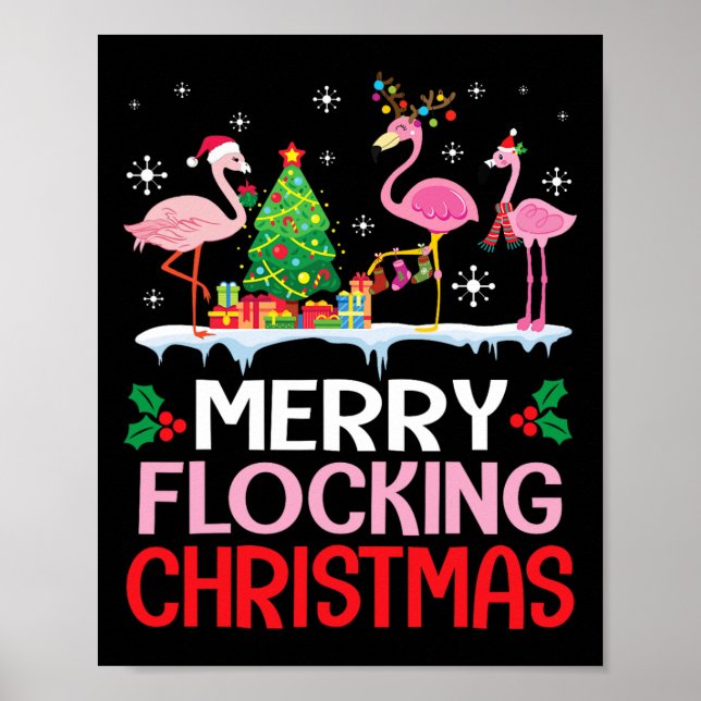 Flamingo Noel Hats som dansar på Snö Merry Flockin Poster (Framsidan)