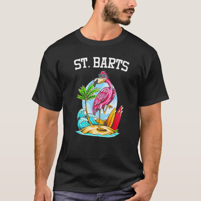 Flamingo Ocean Beach Wave Surfboard Saint Barthele T Shirt (Framsida)