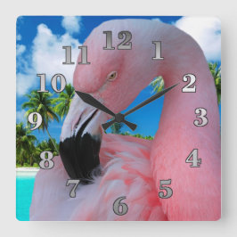 Flamingo och Beach Fyrkantig Klocka