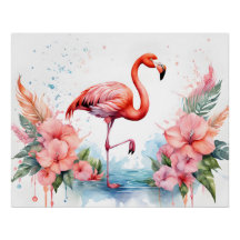 Flamingo och blommor Affisch