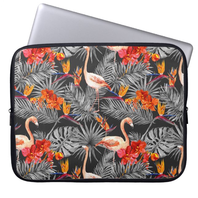 Flamingo och blommor, monokrom mönster. laptop fodral (Framsidan)