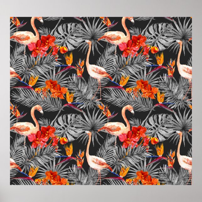 Flamingo och blommor, monokrom mönster. poster (Framsidan)