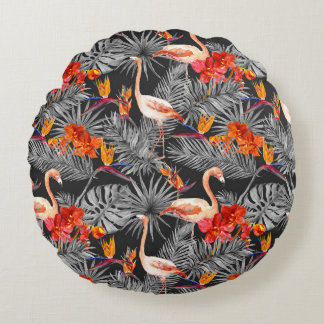 Flamingo och blommor, monokrom mönster. rund kudde