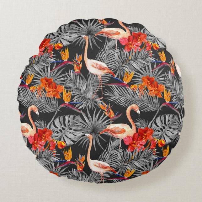 Flamingo och blommor, monokrom mönster. rund kudde (Framsidan)