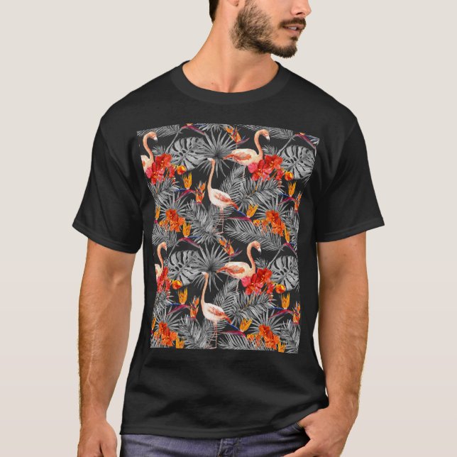 Flamingo och blommor, monokrom mönster. t shirt (Framsida)