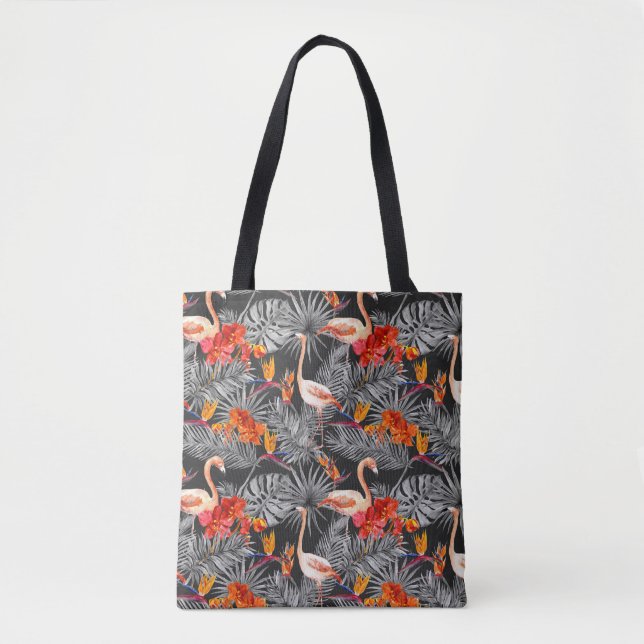 Flamingo och blommor, monokrom mönster. tygkasse (Framsida)