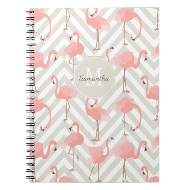 Flamingo och Chevrons Mönster med Monogram Anteckningsbok (Framsidan)