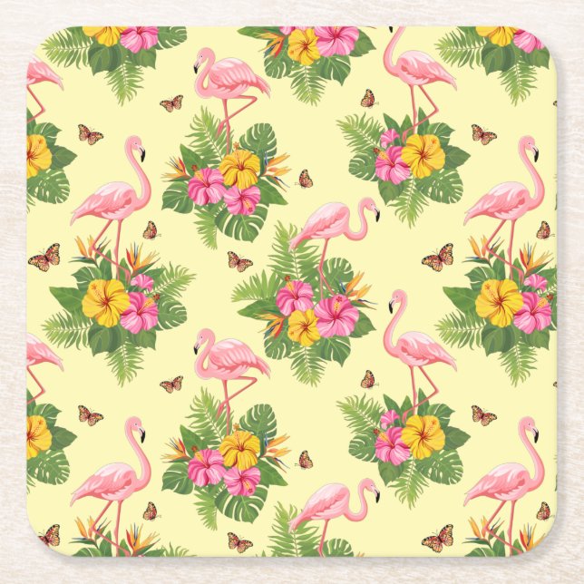 Flamingo och fjärilar 2 underlägg papper kvadrat (Framsidan)