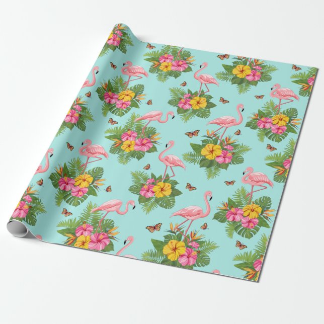 Flamingo och fjärilar 3 presentpapper (Utrullad)