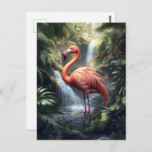 Flamingo och Jungle Waterfall Vykort (Fram/baksida)