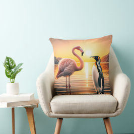 Flamingo och Penguin Sunset Encounter Kudde