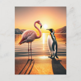 Flamingo och Penguin Sunset Encounter Vykort