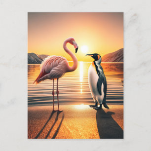 Flamingo och Penguin Sunset Encounter Vykort
