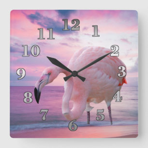 Flamingo och rosahimmel fyrkantig klocka