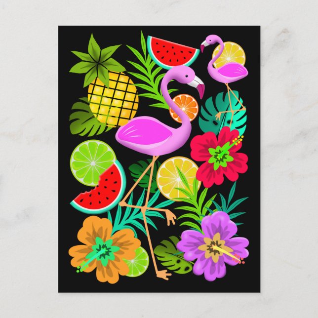 Flamingo och sommarfrukt, Roligt Pa Helgdag vykort (Framsida)