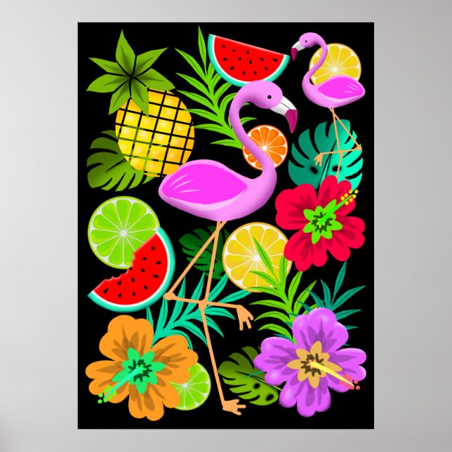 Flamingo och sommarfrukt Roligten Mönster Poster (Framsidan)