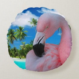 Flamingo och strand rund kudde