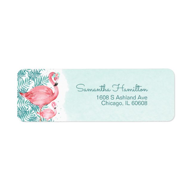 Flamingo och teal tropiska blad Baby Shower Returadress Etikett (Framsidan)