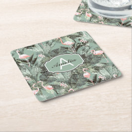 Flamingo Orchid Tropical Mönster Sage ID868 Underlägg Papper Kvadrat