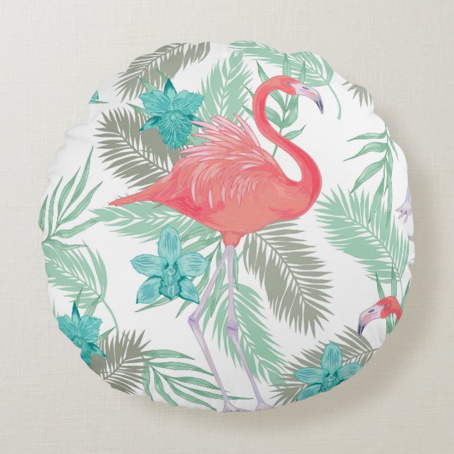 Flamingo, orkidé: romantisk vintage mönster. rund kudde (Framsidan)