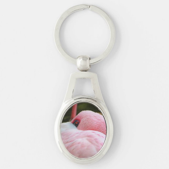 Flamingo Ovalt Silverfärgad Nyckelring (Framsidan)