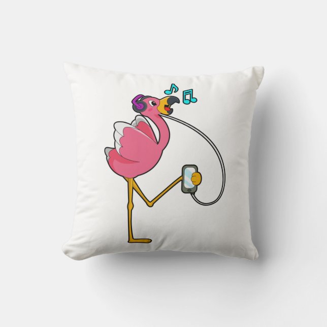 Flamingo på Music med hörlurar Kudde (Framsida)