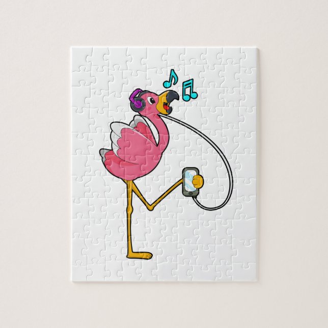 Flamingo på Music med hörlurar Pussel (Vertikal)