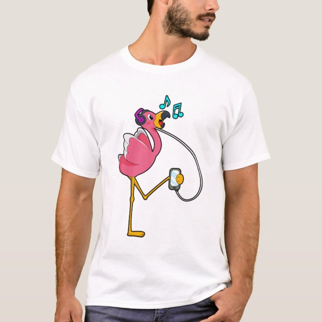 Flamingo på Music med hörlurar T Shirt (Framsida)