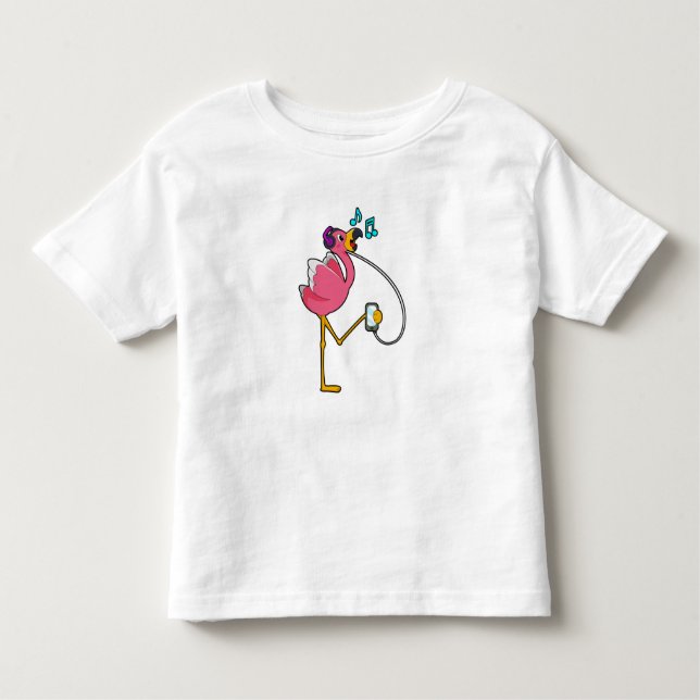 Flamingo på Music med hörlurar T Shirt (Framsida)