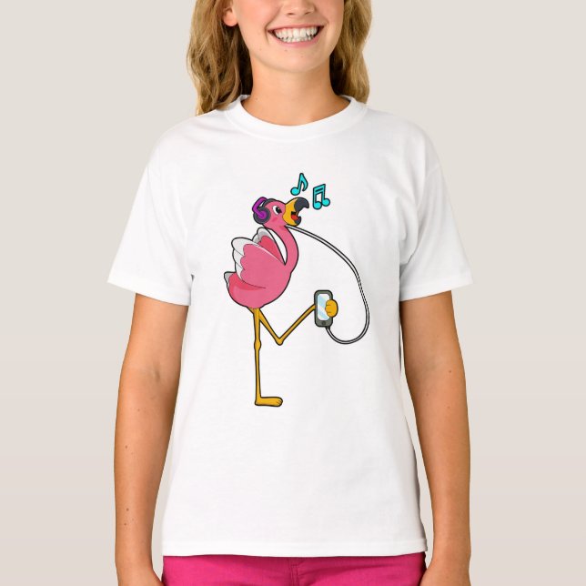 Flamingo på Music med hörlurar T Shirt (Framsida)