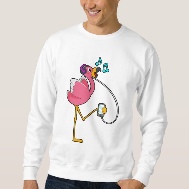 Flamingo på musik med hörlurar lång ärmad tröja (Framsida)