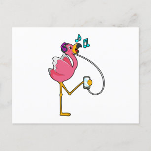 Flamingo på Musik med Hörlurar Vykort