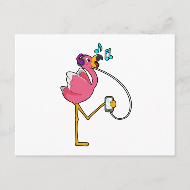 Flamingo på musik med hörlurar vykort (Framsida)