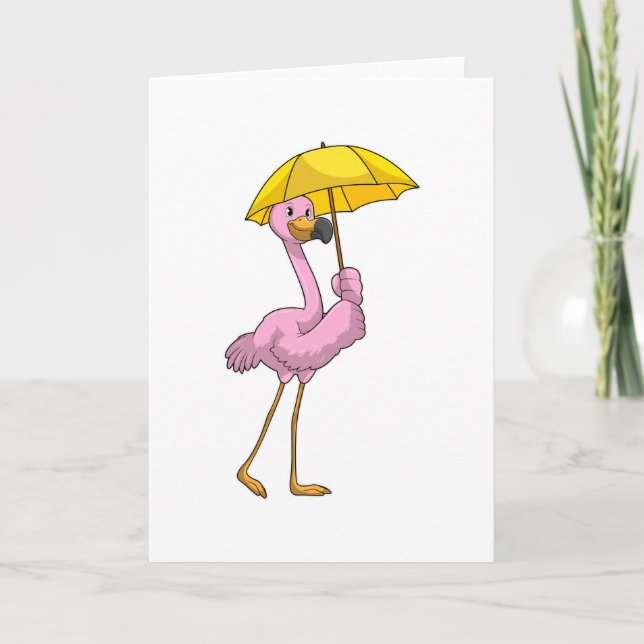 Flamingo på regnigt väder med paraply kort (Framsida)