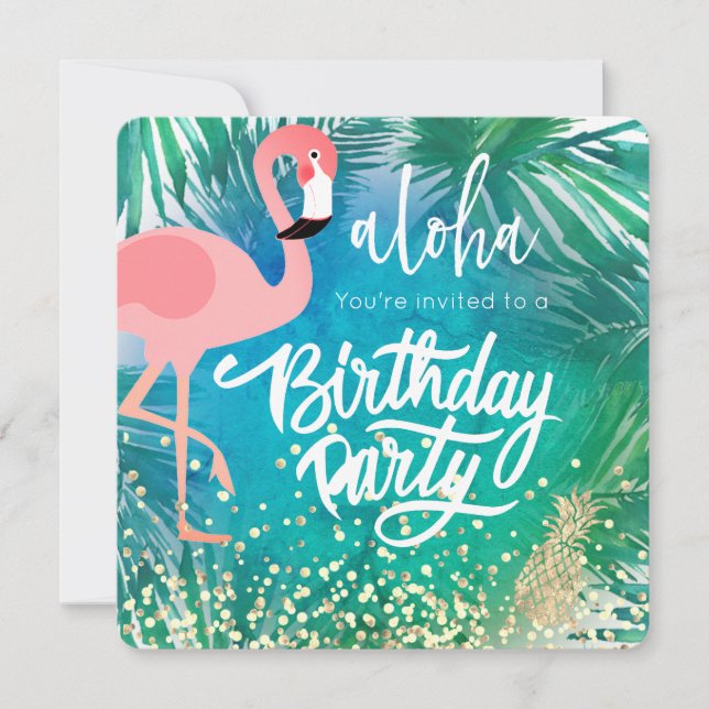 flamingo på tropisk blå design inbjudningar (Framsida)