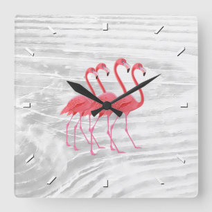 Flamingo på tvättat trä fyrkantig klocka