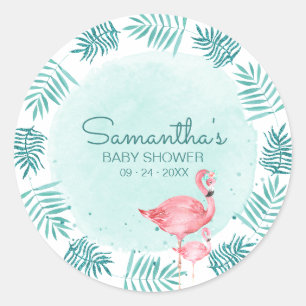 Flamingo & Palmblad Teal Vattenfärg Baby Shower Runt Klistermärke