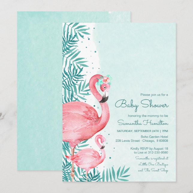 Flamingo & Palmblad Vattenfärg Baby Shower Inbjudningar (Fram/baksida)