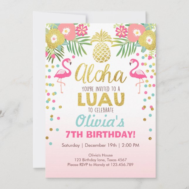 Flamingo-partsinbjudan Tropical Birthday luau Inbjudningar (Framsida)