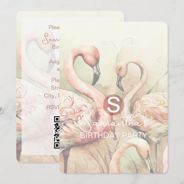 Flamingo Party Tema, QR-kod, Anpassad Inbjudningar (Fram/baksida)