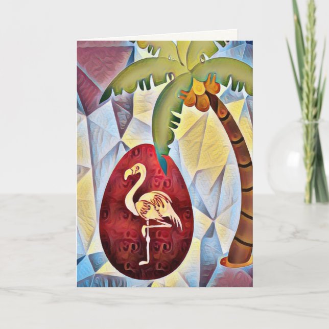 Flamingo Påskägg och Handflatan Träd Beach Birthda Kort (Framsida)