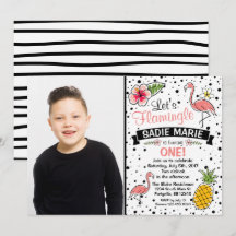 Flamingo Pinapple Doodle Birthday Photo Inbjudan