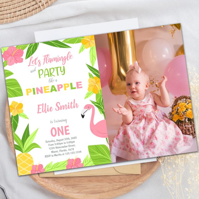 Flamingo Pineapple Birthday-inbjudningar med foto Inbjudningar (Flamingo & Pineapple Birthday Invitations w photo)