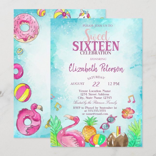 Flamingo Pineapple Sommar Bassäng Sweet 16 Inbjudningar (Fram/baksida)